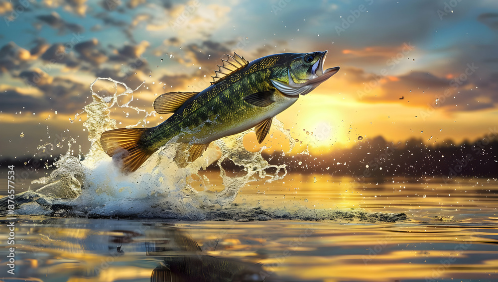 Fototapeta premium A vibrant fish leaps out of the water at sunset, showcasing its beautiful colors against a stunning sky backdrop.