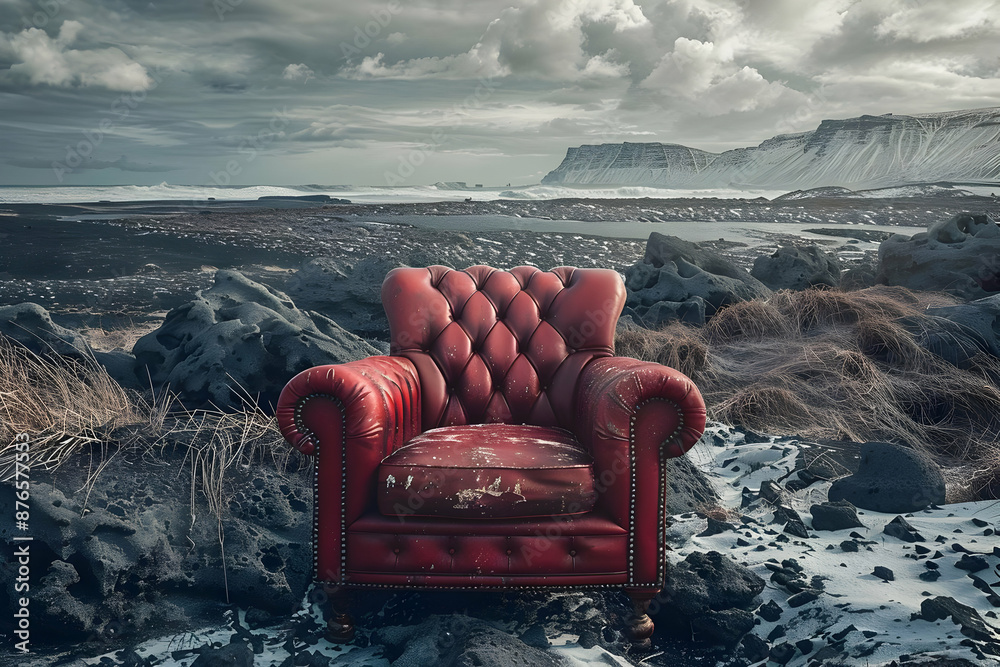 Fototapeta premium A vintage red armchair sits in a desolate rocky landscape under a cloudy sky, creating a striking contrast between comfort and wilderness.