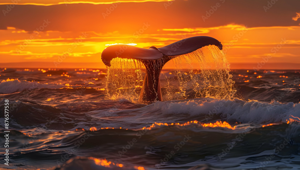 Fototapeta premium A whale's tail splashing in the ocean at sunset, creating a stunning silhouette against the vibrant sky.