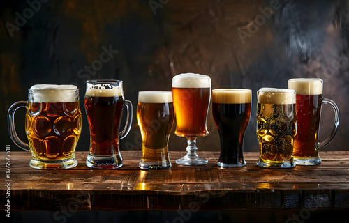 Photography A variety of craft beers in different glasses on a wooden table against a dark background, perfect for a pub or brewery themed image