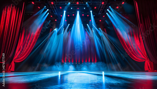 A vibrant stage with red curtains and blue spotlights, ready for a performance. The lighting and ambiance create an electric atmosphere.