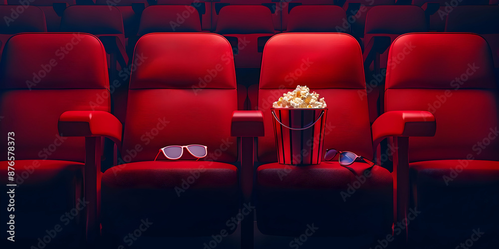Naklejka premium Empty movie theater seats with red chairs and a bucket of popcorn, captured in a cinematic ambiance with glasses and a mobile phone.