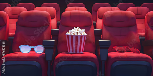 Empty movie theater seats with popcorn and 3D glasses, inviting viewers to enjoy a film in a quiet, cozy setting.