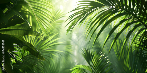 Lush green tropical jungle with sunlight streaming through palm leaves, creating a tranquil and vibrant natural setting perfect for nature themes.