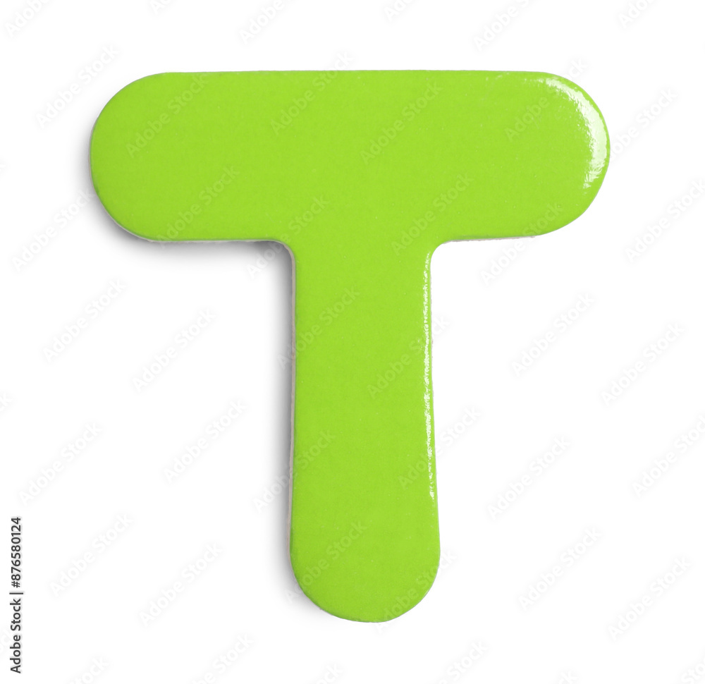 Green magnetic letter T isolated on white, top view. Alphabet Green magnetic letter T isolated on white, top view. Alphabet