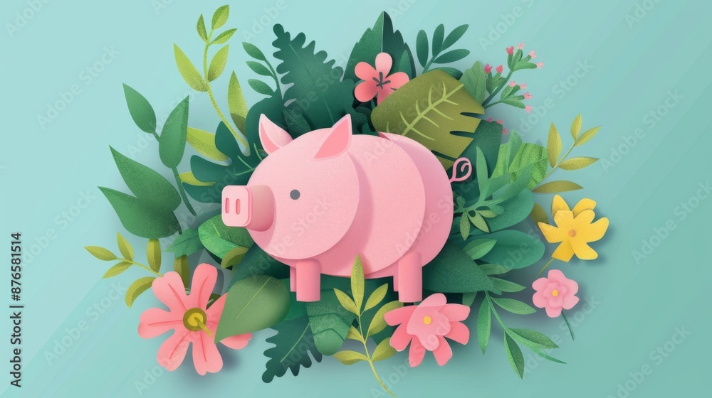 Fototapeta premium Illustration of a pink pig surrounded by vibrant flowers and leaves, creating a whimsical and nature-themed design.