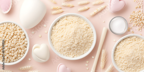 Various grains and heart-shaped items.