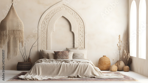 Beige bedroom with arched wall decor and neutral furnishings.
