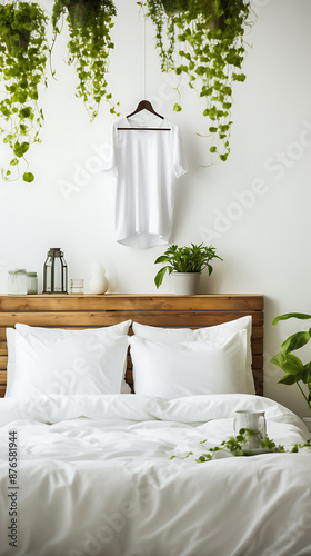 White bedroom with plants, a simple, clean aesthetic.
