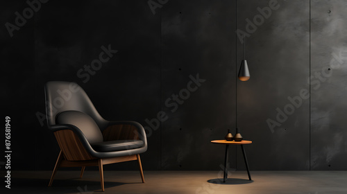 Dark room, leather chair, minimalist design.
