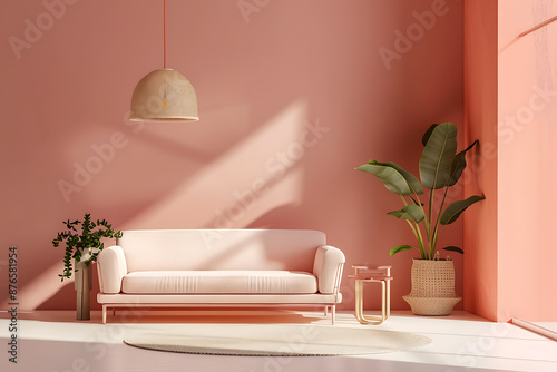Pink living room with a light-colored couch and plants.
