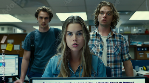 Three young people in blue, white and brown clothing in an office setting, conveying a sense of mystery and suspense. 