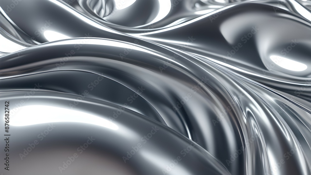 Fototapeta premium Metallic silver waves of liquid metal, abstract 3D rendering of a smooth metal surface