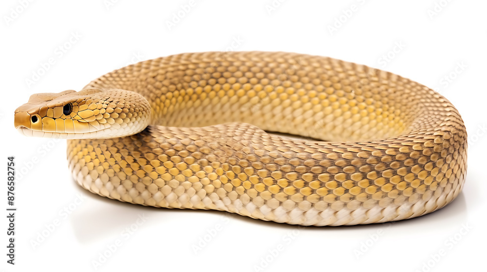 Fototapeta premium A yellow, brown, and white snake with a scaly texture, coiled on a white background, perfect for nature, wildlife, and reptile themed projects.