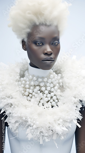 Woman in white, ornate collar, powerful, and elegant.
