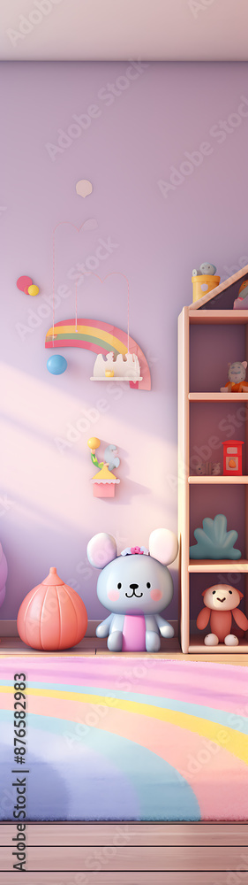Fototapeta premium Playful teddy bears on a rainbow-colored bed.