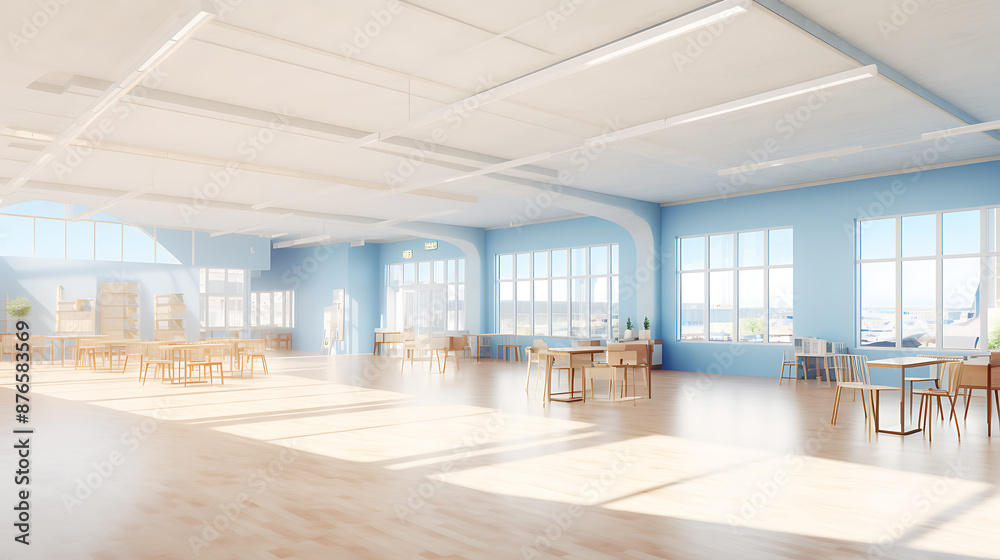 Obraz premium Light blue walls, wooden tables and chairs, and bright sunlight create a spacious and airy modern office space. 