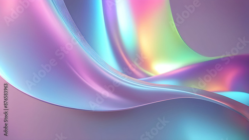 Soft pastel rainbow iridescent waves of liquid metal undulate in an abstract flow.