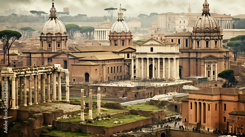 Historic Roman architecture, golden, white, brown, a timeless journey through ancient Italy. 
