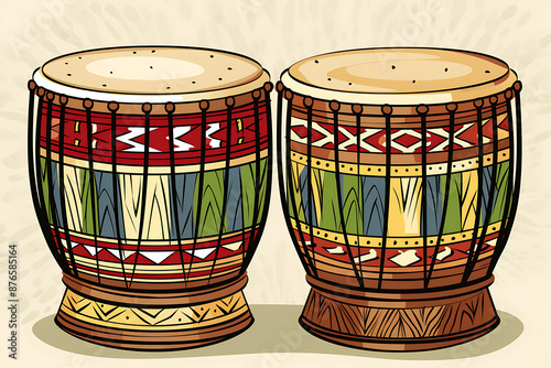 Two colorful wooden drums with red, yellow, and green patterns, a vibrant illustration perfect for a music festival poster. 
 photo