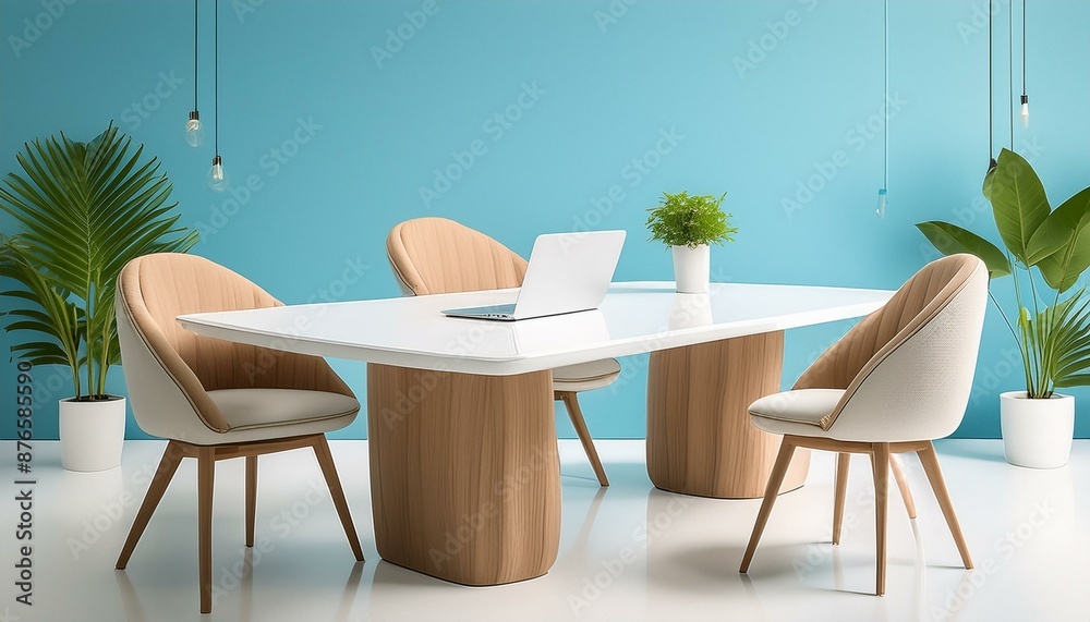 Fototapeta premium A minimalist meeting space featuring a white rectangular table, wooden chairs with cushions
