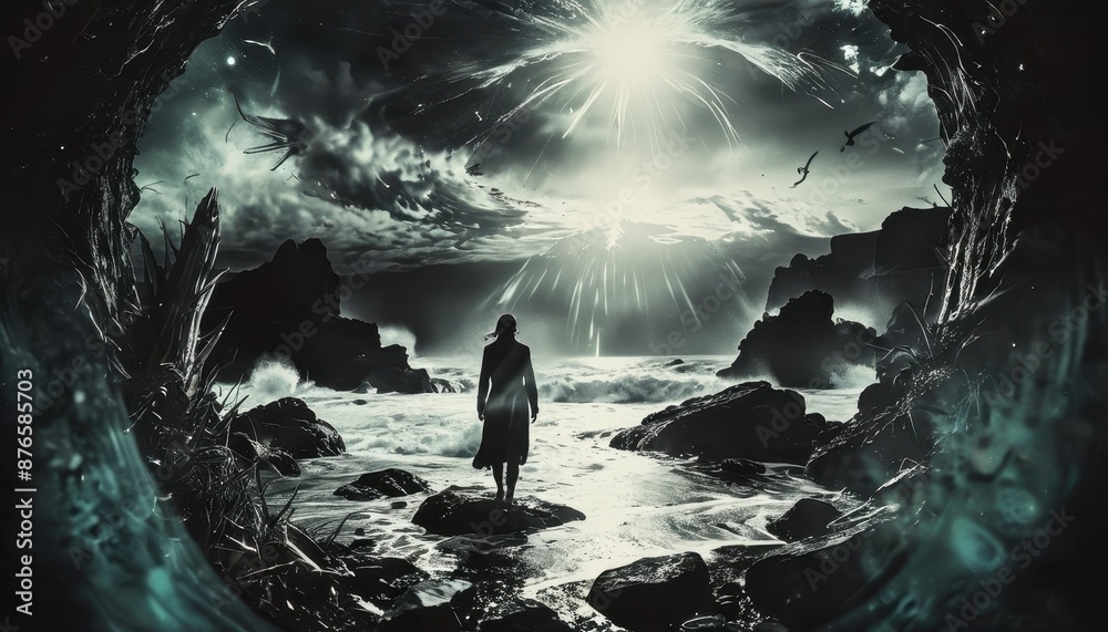 Fototapeta premium Silhouette of a Woman on a Rocky Coast with a Bright Light in the Sky.