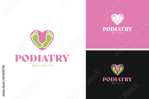 Foot with a heart shape incorporated into the arch logo design, representing care and compassion for foot health. Vector illustration template idea.