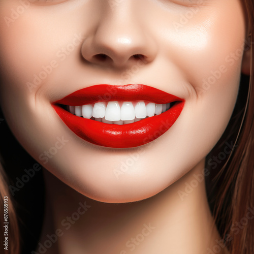 Woman with healthy white teeth. Close-up of a smiling woman with bright red lipstick and perfect white teeth. Radiant and healthy smile. © Gregorii