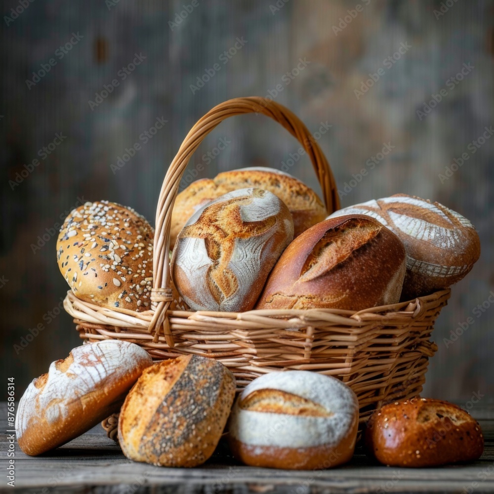 Bread basket with assorted loaves on a wooden background, copy space Bread basket with assorted loaves on a wooden background, copy space
