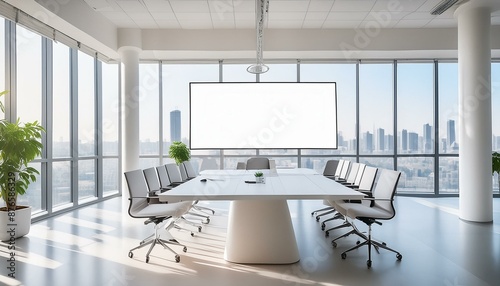 A white screen mockup in a brightly lit conference room with large windows, light-colored fu
