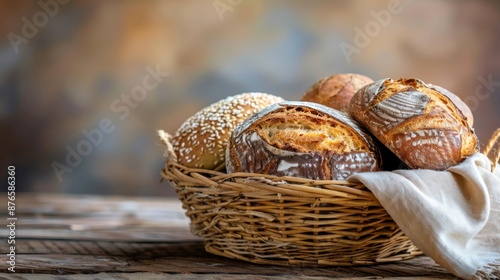 Bread basket with assorted loaves on a wooden background, copy space