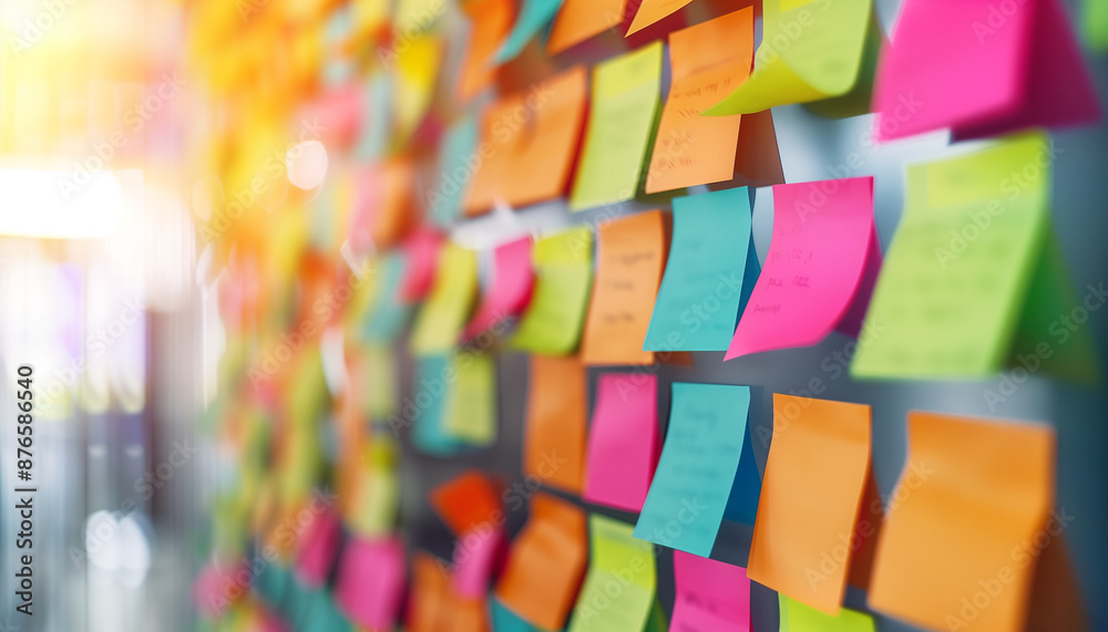 Fototapeta premium A wall covered in colorful sticky notes representing brainstorming and idea generation in a collaborative workspace
