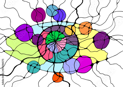 Abstract neuro drawing. Colorful art with circles and lines. Modern psychological method of art therapy. Used for stress reduction, mental health, self-expression, motor skills, creativity development