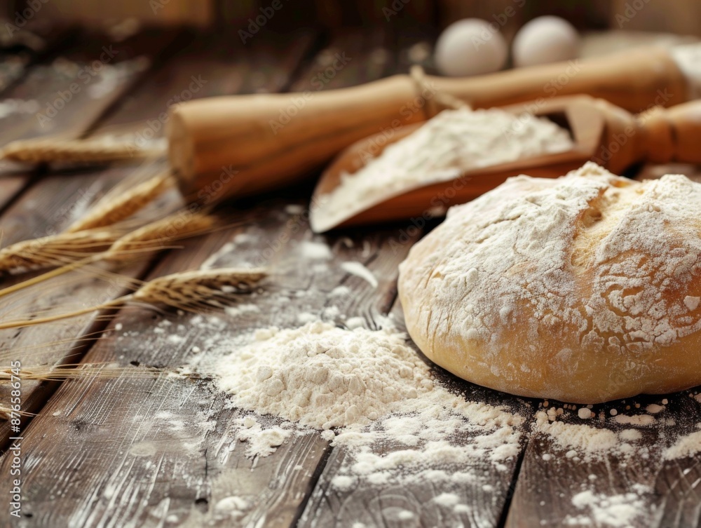 Fresh bread and flour on a wooden table, copy space Fresh bread and flour on a wooden table, copy space