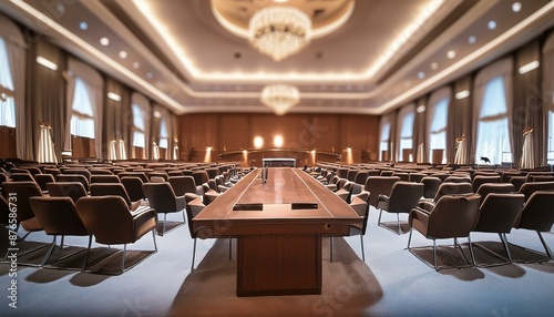 An elegant seminar room with dark wood furniture, plush carpeting, and sophisticated lightin 