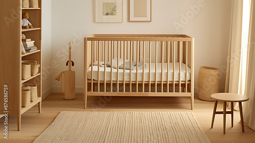 **Minimalist nursery with natural wood crib and beige rug evokes a sense of calm and serenity for newborn baby.** 
