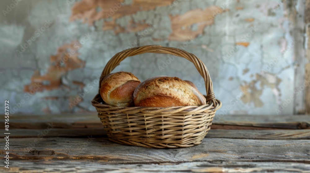 Fresh bread basket on a weathered wooden surface Fresh bread basket on a weathered wooden surface