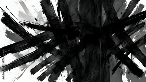 Dark chaotic mess of thick black paintbrush strokes on white background