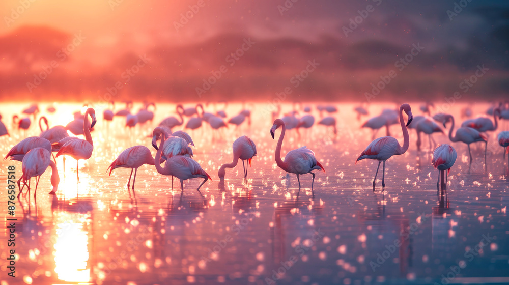 Naklejka premium Flock of flamingos wading in Lake Nakuru at sunset, Kenya. The vibrant colors of the sunset illuminate the scene, creating a magical atmosphere with the reflections on the water.