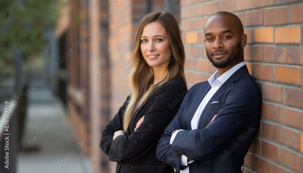 Professional business team confident pose brick wall background corporate attire successful partnership Professional business team confident pose brick wall background corporate attire successful partnership
