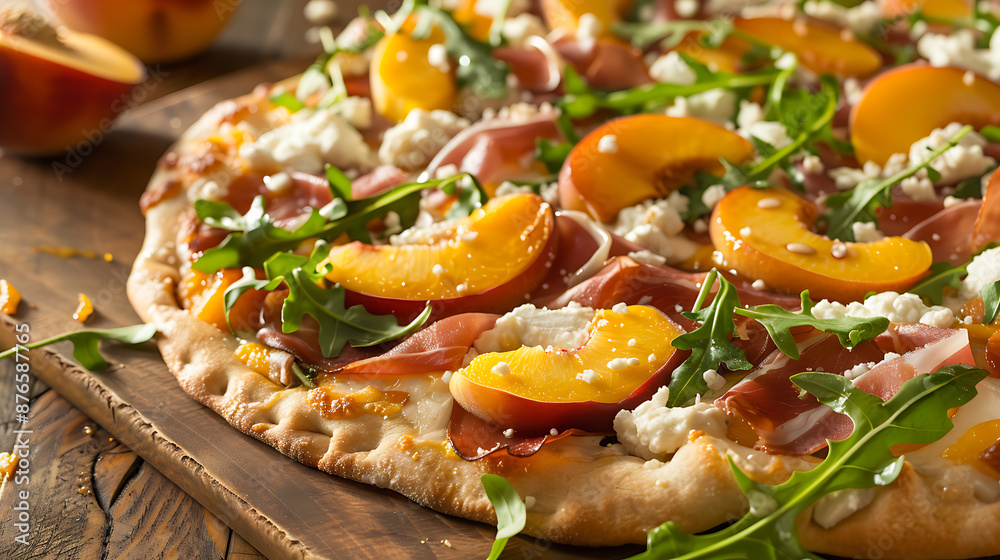Aromatic peach and prosciutto pizza with creamy white cheese and fresh arugula, perfect for summer dining.
Aromatic peach and prosciutto pizza with creamy white cheese and fresh arugula, perfect for summer dining.