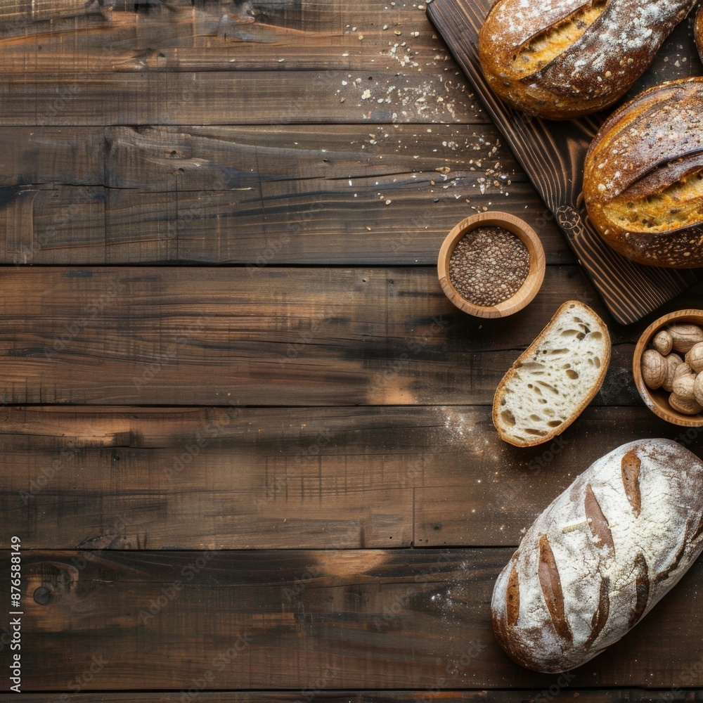 Freshly baked bread on a wooden surface, blank space for text Freshly baked bread on a wooden surface, blank space for text