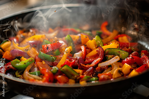 Fajita vegetables mid-toss in a pan, action shot, Nikon Z7 II, 24-70mm f/4 lens, high-speed sync flash photo