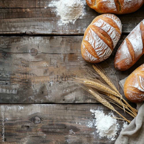 Freshly baked loaves and flour on a weathered wooden surface, room for text