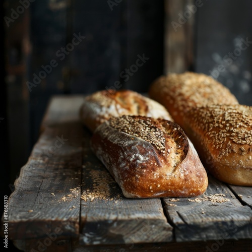 Freshly baked loaves on a weathered wooden table, space for text photo