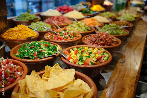Nacho bar with various toppings in bowls, wide angle view, Fujifilm GFX 100S, 32-64mm f/4 lens, HDR technique