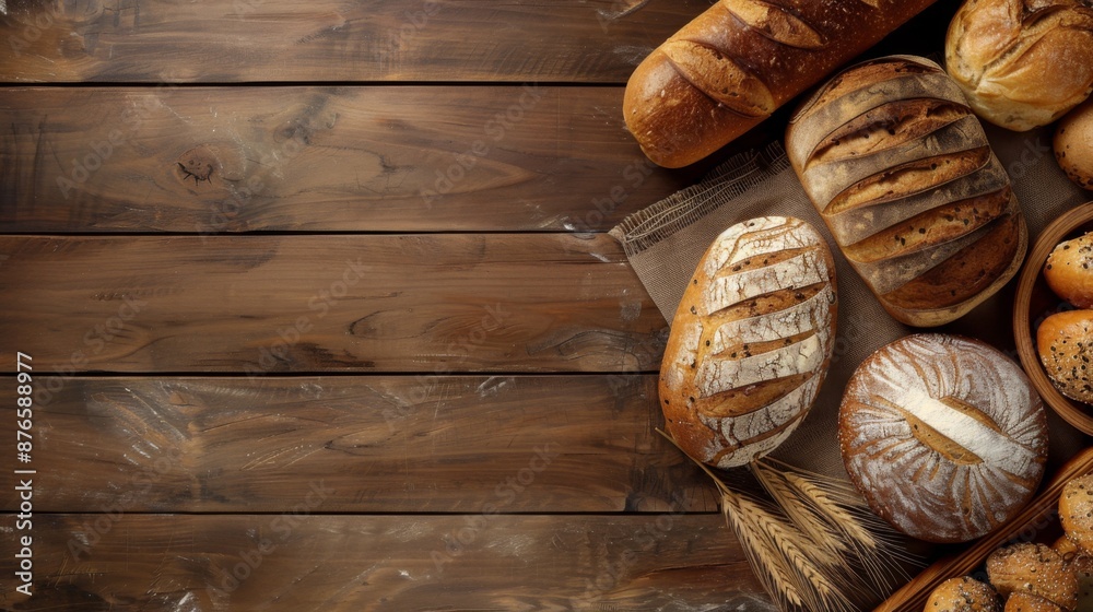 Variety of bread loaves on a wooden surface, copy space Variety of bread loaves on a wooden surface, copy space