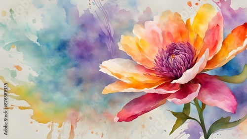 Watercolor painting of a vibrant flower with a purple center and yellow and pink petals against a colorful abstract background.