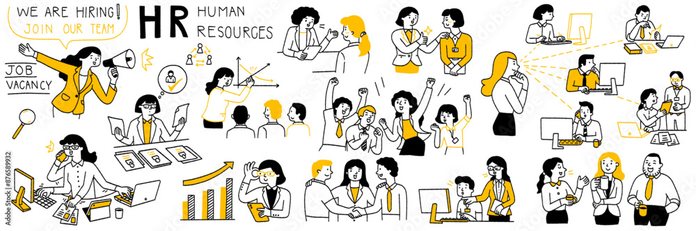 Vector illustration set related to HR human resources. Outline, thin line art, han drawn sketch, cut character design, simple style. Vector illustration set related to HR human resources. Outline, thin line art, han drawn sketch, cut character design, simple style.