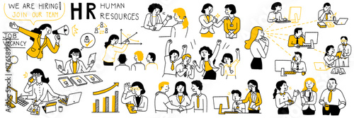 Vector illustration set related to HR human resources. Outline, thin line art, han drawn sketch, cut character design, simple style. 